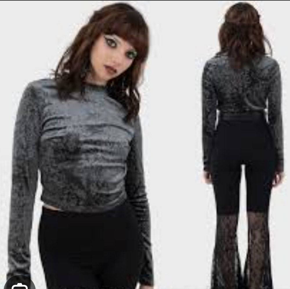 Killstar Silver Velvet Long Sleeve Crop Top
